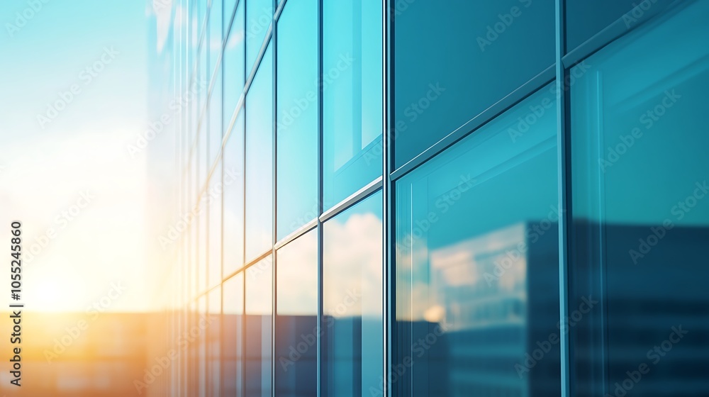 Fototapeta premium Reflection of a modern building with sunset light illuminating the glass facade.