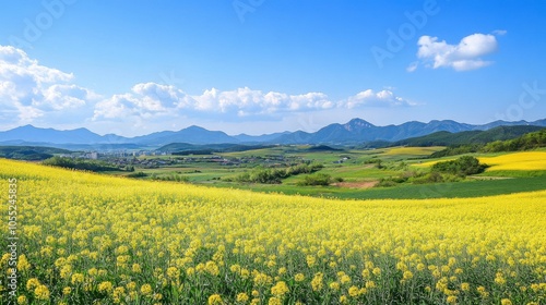 A vibrant scene of South Korea's countryside during spring,