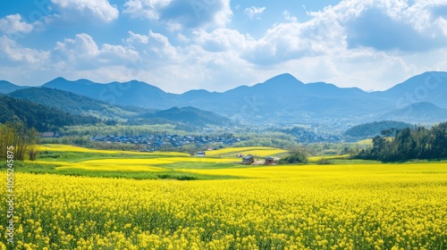 A vibrant scene of South Korea's countryside during spring,