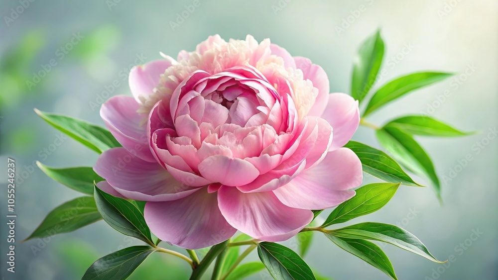 A delicate pink peony flower with soft petals unfolding from a cluster of velvety green leaves, pink flowers, foliage, flowers, rose, nature A delicate pink peony flower with soft petals unfolding from a cluster of velvety green leaves, pink flowers, foliage, flowers, rose, nature