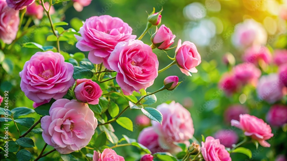 A delicate pink rose bush with vibrant blooms and lush green leaves in a garden setting, pink roses, wildflowers, outdoor scenery, garden flowers, floral arrangement A delicate pink rose bush with vibrant blooms and lush green leaves in a garden setting, pink roses, wildflowers, outdoor scenery, garden flowers, floral arrangement
