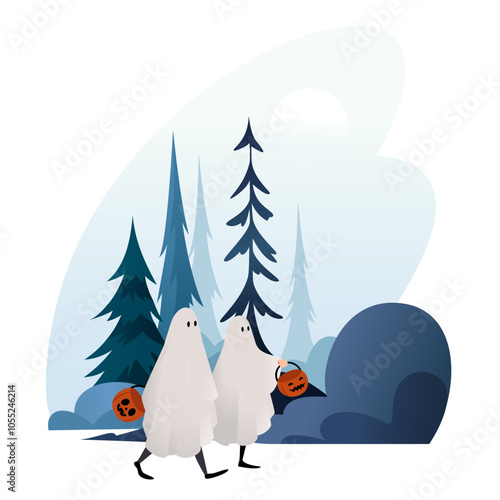 People dressed as ghosts walking in a night park