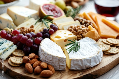 A gourmet cheese platter with various types of cheese, nuts, fruits, and crackers, arranged on a wooden board, highlighting the textures, colors, and flavors of artisanal cheese selections.