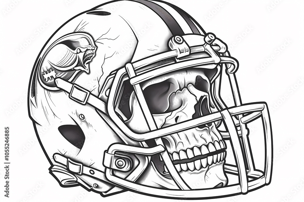 A unique football helmet design featuring a detailed skull illustration, merging the spirit of sports with a bold, edgy aesthetic. A unique football helmet design featuring a detailed skull illustration, merging the spirit of sports with a bold, edgy aesthetic.