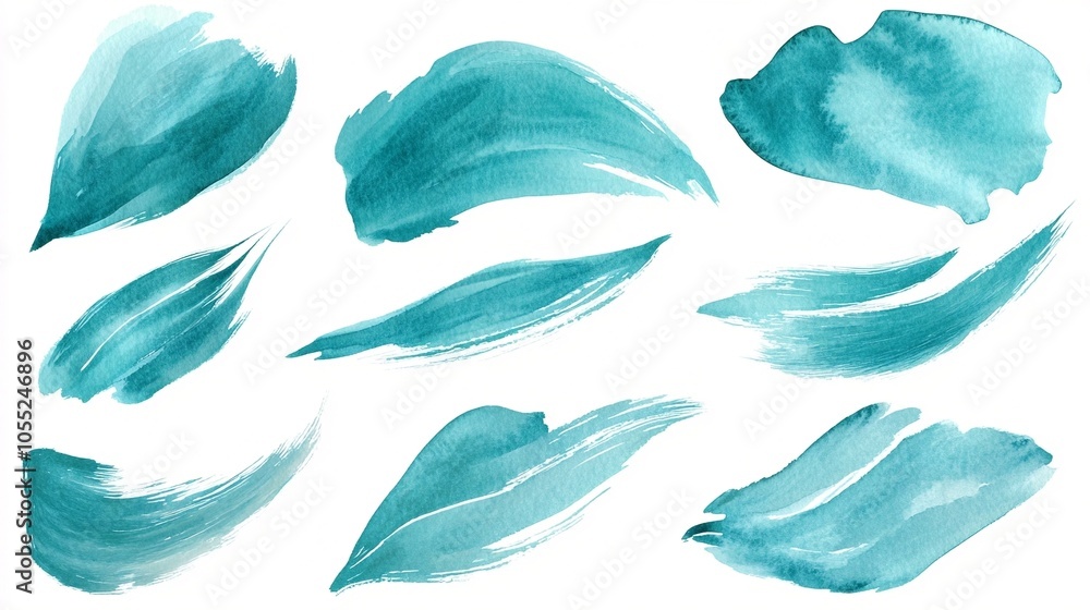 Aquamarine watercolor paint smudges and brush marks are set in vector form, isolated on the white background. The abstract design features textured strokes on a water-based paper. Aquamarine watercolor paint smudges and brush marks are set in vector form, isolated on the white background. The abstract design features textured strokes on a water-based paper.