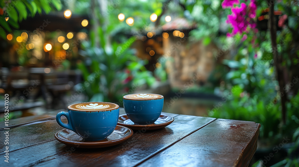 Cozy Outdoor Café with Two Cups of Cappuccino in a Picturesque Village Setting Cozy Outdoor Café with Two Cups of Cappuccino in a Picturesque Village Setting