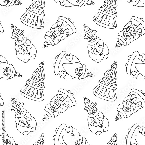 doodle pattern of Soviet Christmas tree toys. Toys made of glass. Snowman, Santa Claus, snow maiden, Christmas tree, vintage illustration. Festive texture for decoration. The texture is monochrome