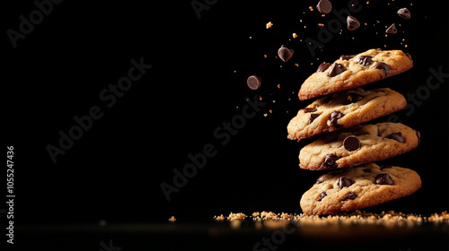 A stack of chocolate chip cookies on a black background. The cookies are piled on top of each other, and the image has a playful and fun mood