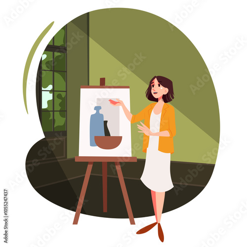 Young girl presents a painting in a gallery