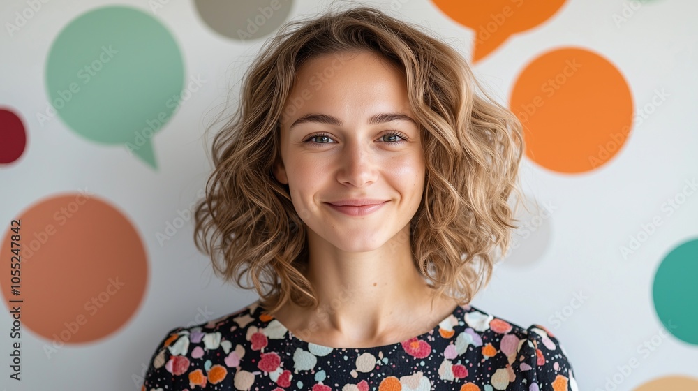 Smiling woman with curly hair in front of colorful speech bubbles on a bright wall. Smiling woman with curly hair in front of colorful speech bubbles on a bright wall.