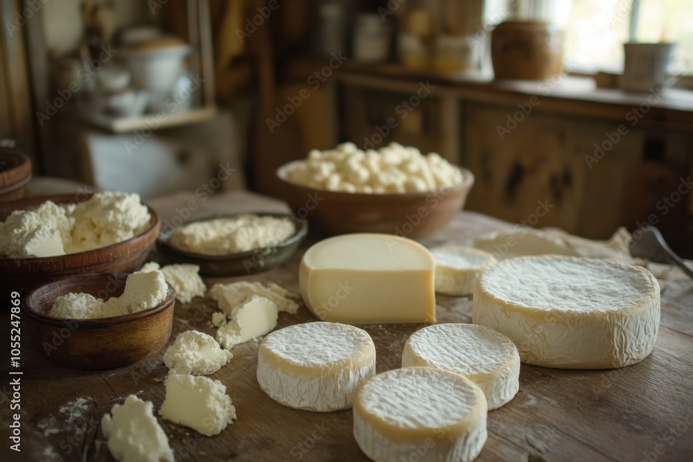 A rustic kitchen table with homemade cheese in various stages of preparation, including curds, whey, and aging rounds, highlighting the traditional methods and patience required for cheese-making. A rustic kitchen table with homemade cheese in various stages of preparation, including curds, whey, and aging rounds, highlighting the traditional methods and patience required for cheese-making.