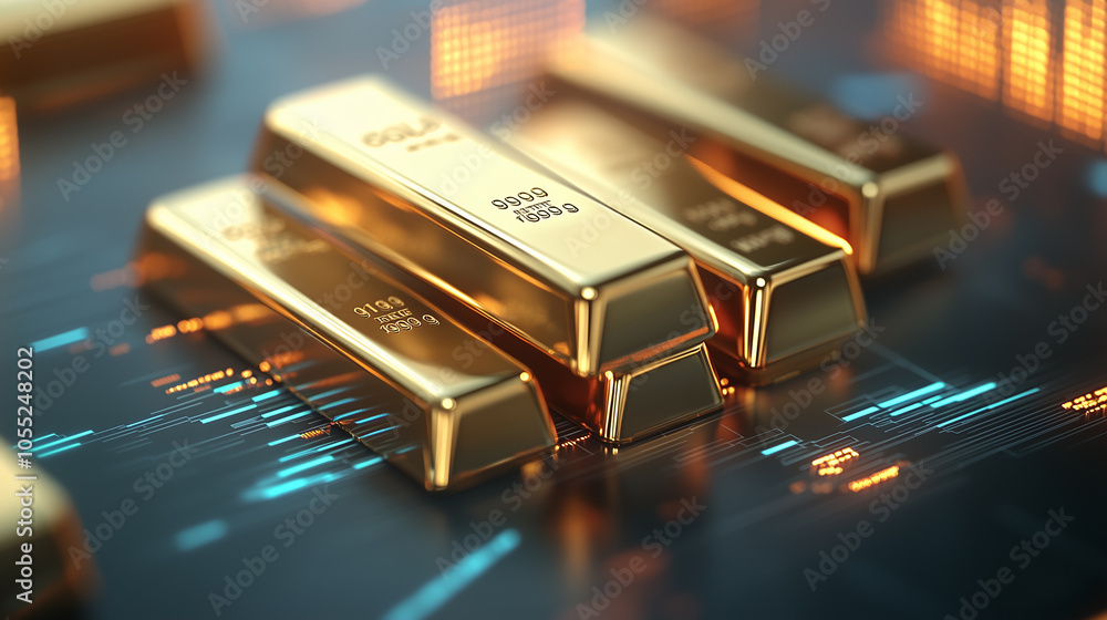 Stacked Gold Bars on Digital Financial Chart Background
Stacked Gold Bars on Digital Financial Chart Background
