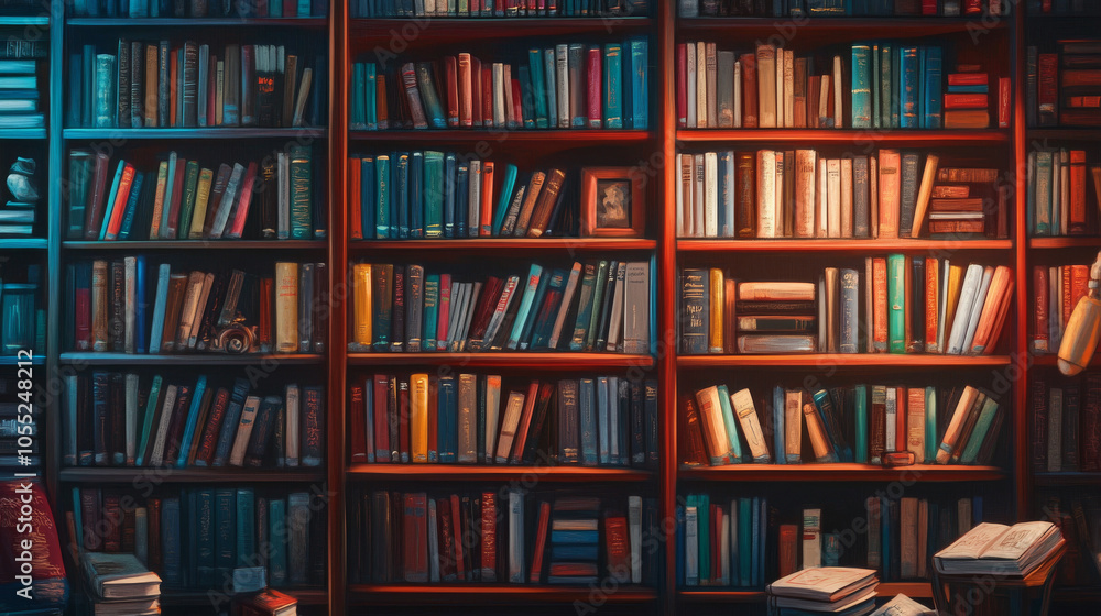 Cozy Library Bookshelf with Warm Lighting Cozy Library Bookshelf with Warm Lighting