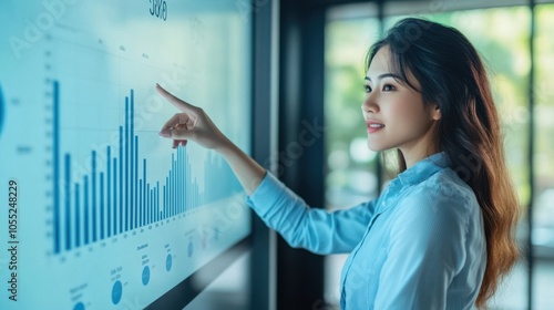 An Asian businesswoman pointing to a bar chart on a large screen while explaining the