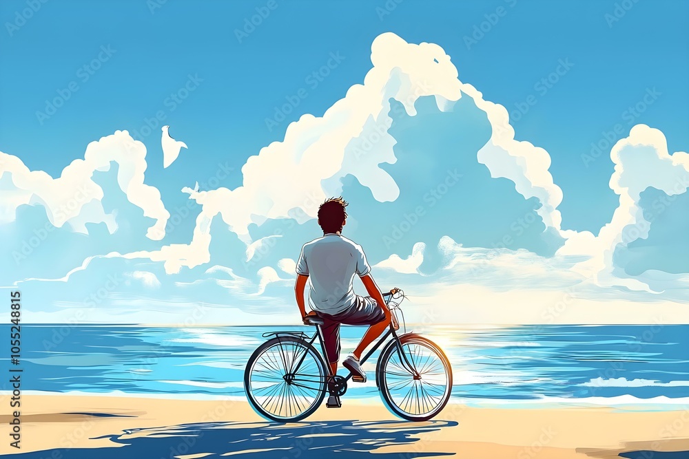 Fototapeta premium Young Man Sitting on a Bicycle Looking at the Sea