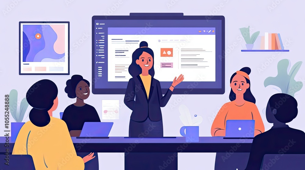 A Woman Presenting a Project to Colleagues in a Modern Office Setting A Woman Presenting a Project to Colleagues in a Modern Office Setting