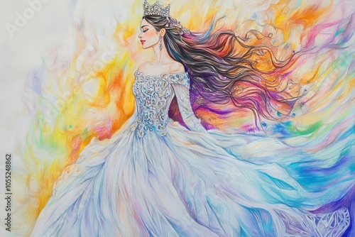 princess with a tiara on his head in white dress, full body, colored pencil art