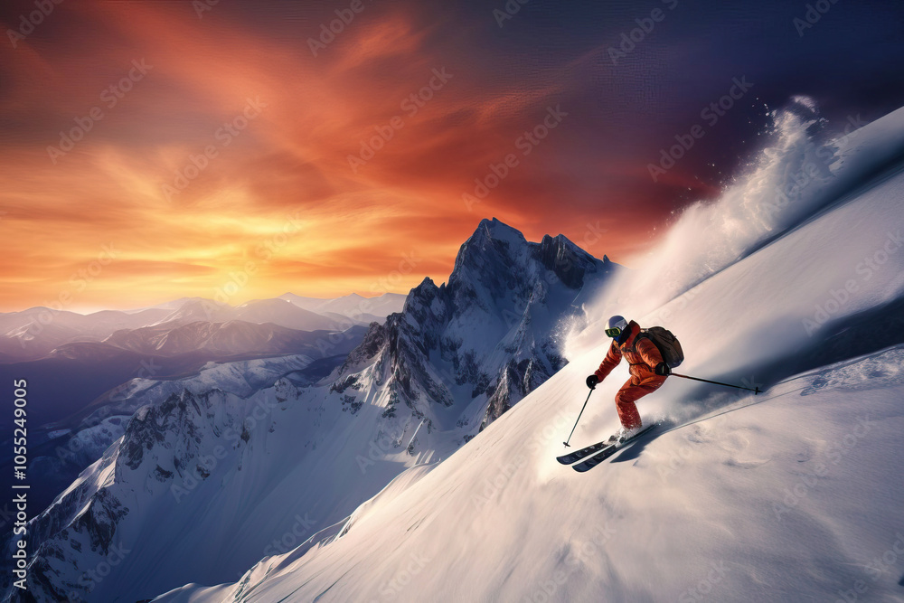 Man Skiing Down a Winter Mountain Landscape Man Skiing Down a Winter Mountain Landscape