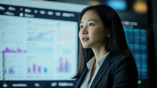 An Asian female manager discussing financial strategies with a large screen displaying