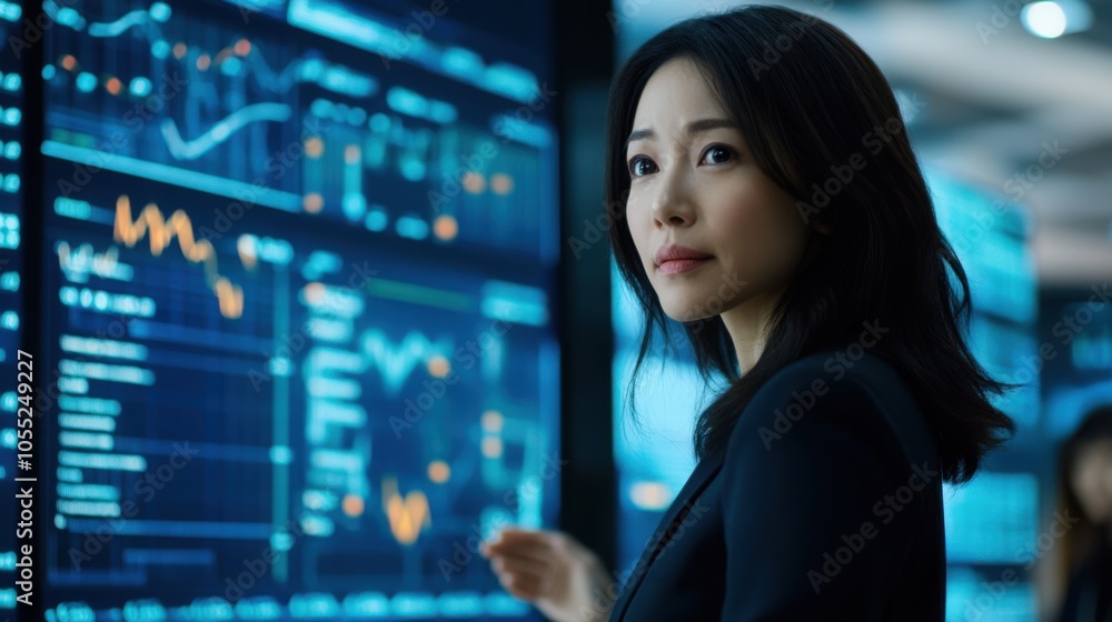 An Asian woman CEO standing in front of a large screen filled with data An Asian woman CEO standing in front of a large screen filled with data