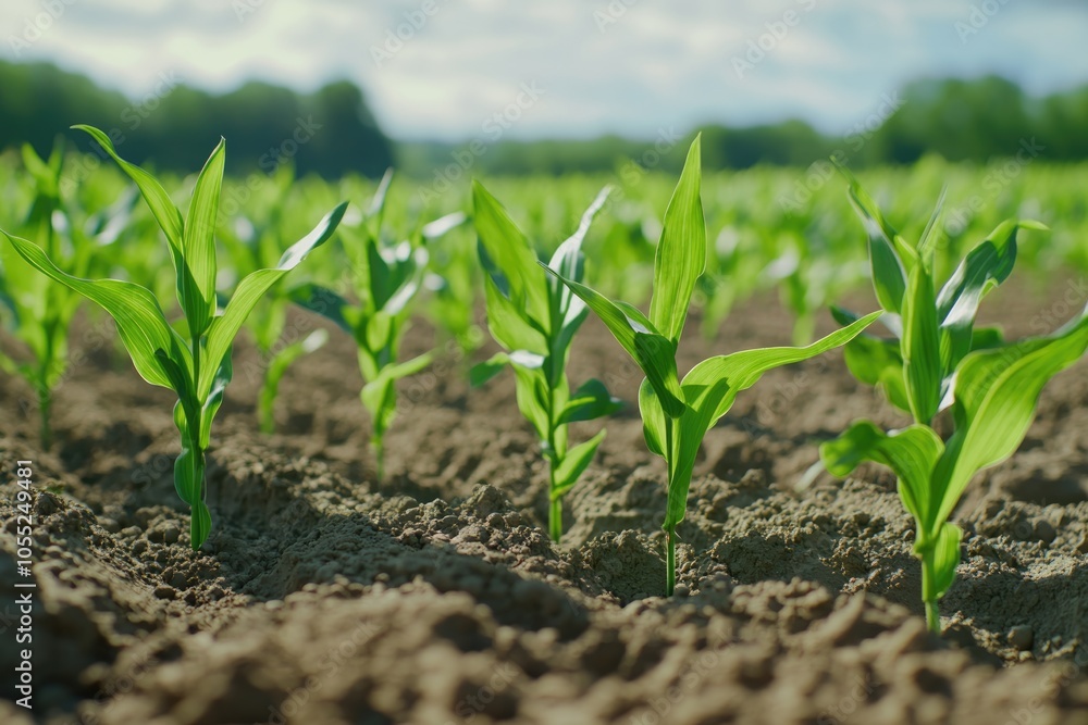 Young corn plants growing on the field on a sunny day. Selective focus. Young corn plants growing on the field on a sunny day. Selective focus.