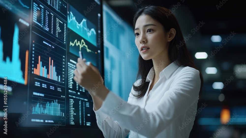 An Asian woman in a leadership position pointing to financial charts on a large digital An Asian woman in a leadership position pointing to financial charts on a large digital