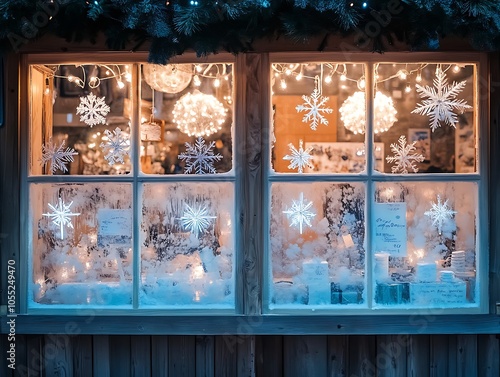 Frosted window panes of a wooden market stall at Basela??s Christmas fair glowing with pale white and ice-blue lights photo