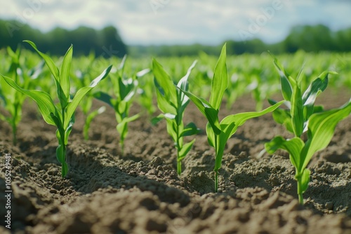 Young corn plants growing on the field on a sunny day. Selective focus.