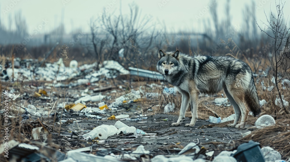 Obraz premium Polluted world. Garbage and waste. Animals suffer from pollution. Ecological disaster concept. AI-generated.