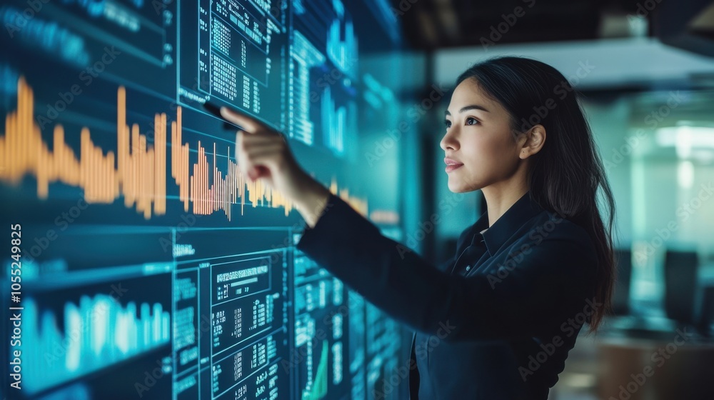 An Asian woman leader using a pointer to emphasize key financial metrics An Asian woman leader using a pointer to emphasize key financial metrics