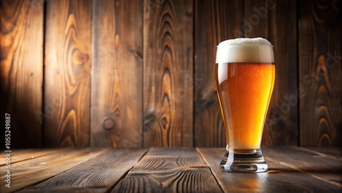 A glass of amber colored beer with a creamy white head and a wooden table in the background, brewery, ale, beer glasses, rustic decor