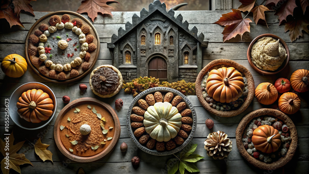 Gothic Castle Background with Delicious American Pie, Autumnal Leaves, and Halloween Thanksgiving Sweets, Top View, Copy Space on Left, Golden Ratio Composition, Sharp Professional Photography Gothic Castle Background with Delicious American Pie, Autumnal Leaves, and Halloween Thanksgiving Sweets, Top View, Copy Space on Left, Golden Ratio Composition, Sharp Professional Photography