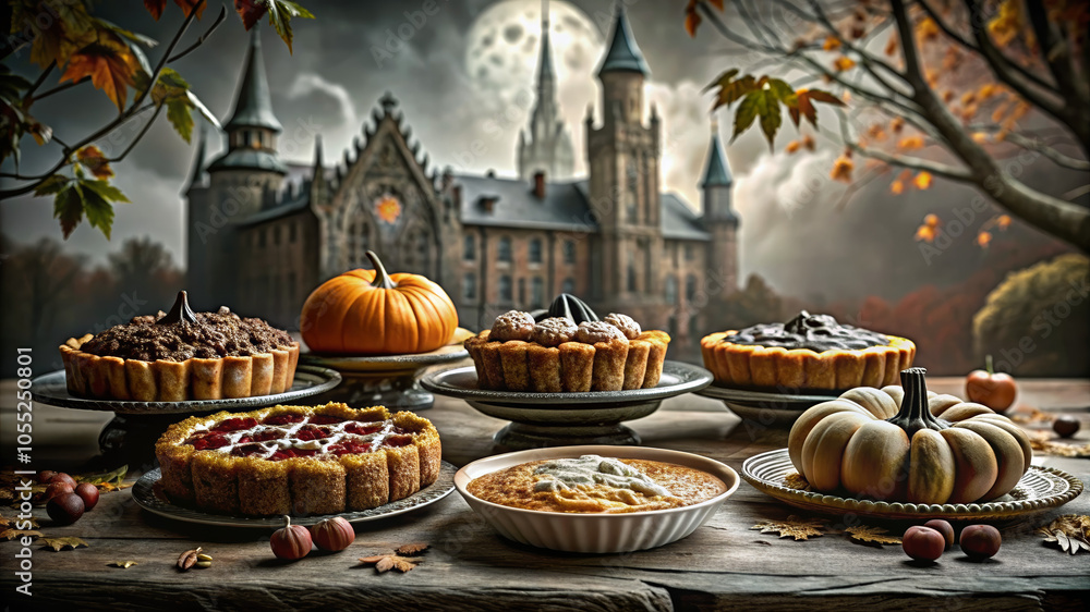 Golden Ratio Pies on Haunted Gothic Castle Background for Halloween & Thanksgiving Designs with Copy Space Golden Ratio Pies on Haunted Gothic Castle Background for Halloween & Thanksgiving Designs with Copy Space