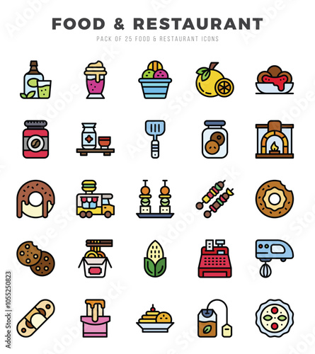 Vector icons set of Food and Restaurant. Lineal Color style Icons.