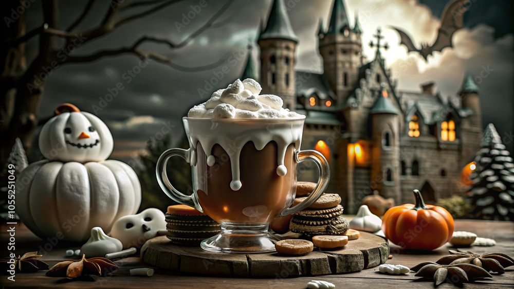 Halloween Cocktail with Snowman Foam on Gothic Castle Background for Party Decorations with Copy Space Halloween Cocktail with Snowman Foam on Gothic Castle Background for Party Decorations with Copy Space