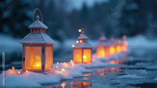 Lanterns glow warmly on a snowy lakeside path at dusk, casting a magical ambiance with a string of lights reflecting on the serene water.