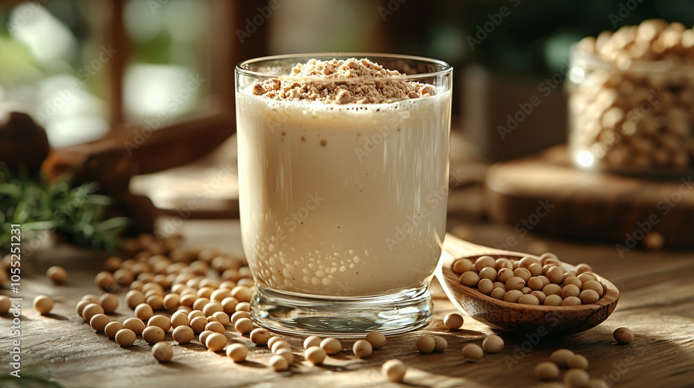 A serene depiction of soy milk and soy products, emphasizing health and sustainability, perfect for World Vegan Month promotions, plant-based recipes, and vegan lifestyle content. A serene depiction of soy milk and soy products, emphasizing health and sustainability, perfect for World Vegan Month promotions, plant-based recipes, and vegan lifestyle content.