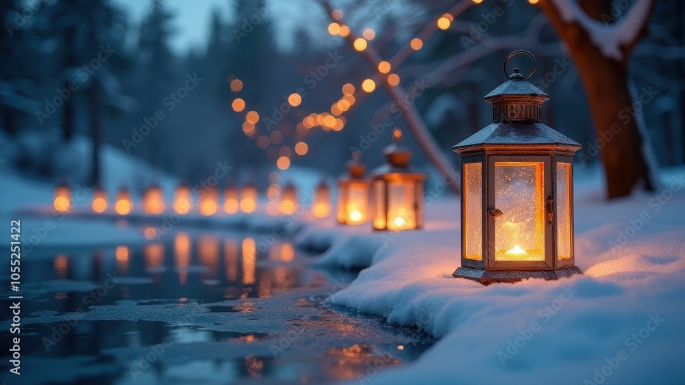 Lanterns glow warmly on a snowy lakeside path at dusk, casting a magical ambiance with a string of lights reflecting on the serene water. Lanterns glow warmly on a snowy lakeside path at dusk, casting a magical ambiance with a string of lights reflecting on the serene water.