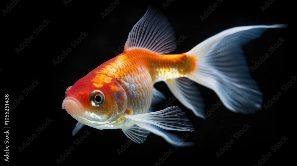 Goldfish with White Fins Swimming in a Black Background Goldfish with White Fins Swimming in a Black Background