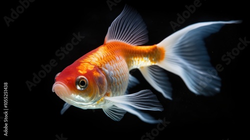 Goldfish with White Fins Swimming in a Black Background