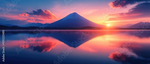 Mountain silhouette mirrored in serene lake at dusk, vibrant sky hues create a tranquil landscape scene photo