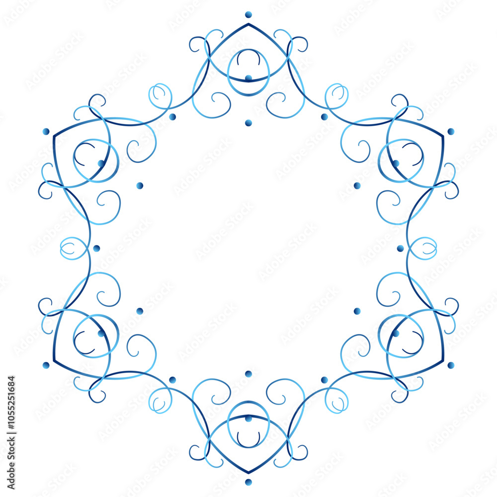 Blue ornate elegant winter frame without text. Lace of delicate swirl. Round floral lacy design element for winter mood. Elegant snowflake with six beams. Graceful refined winter mandala. Blue ornate elegant winter frame without text. Lace of delicate swirl. Round floral lacy design element for winter mood. Elegant snowflake with six beams. Graceful refined winter mandala.