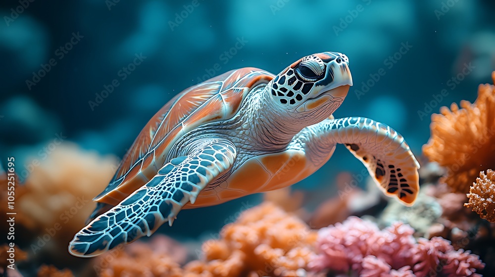 Fototapeta premium A green sea turtle swims through a coral reef, its shell a vibrant blend of orange, brown, and blue.