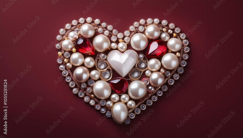 Exquisite Heart Shaped Jewel Arrangement with Pearls, Rubies, and Diamonds on Deep Maroon Background. Symbolizing Luxury, Love, and Elegance for Jewelry Design Romantic Concepts, and High End Branding Exquisite Heart Shaped Jewel Arrangement with Pearls, Rubies, and Diamonds on Deep Maroon Background. Symbolizing Luxury, Love, and Elegance for Jewelry Design Romantic Concepts, and High End Branding