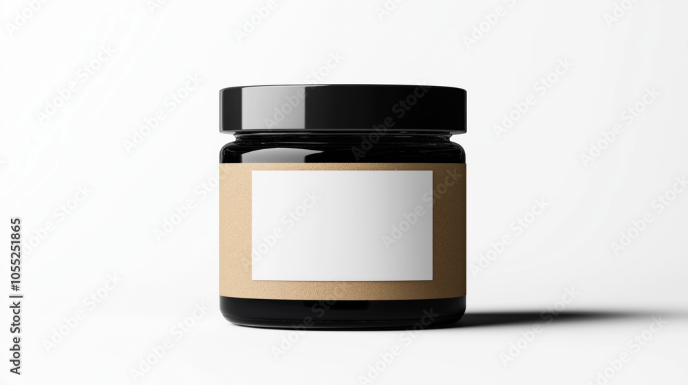 Black glass jar with blank brown label and black lid on white background, minimalistic design, isolated product packaging concept Black glass jar with blank brown label and black lid on white background, minimalistic design, isolated product packaging concept
