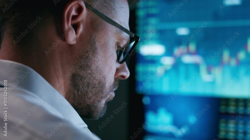 Close-up of stock market analyst working in front of computer screen
