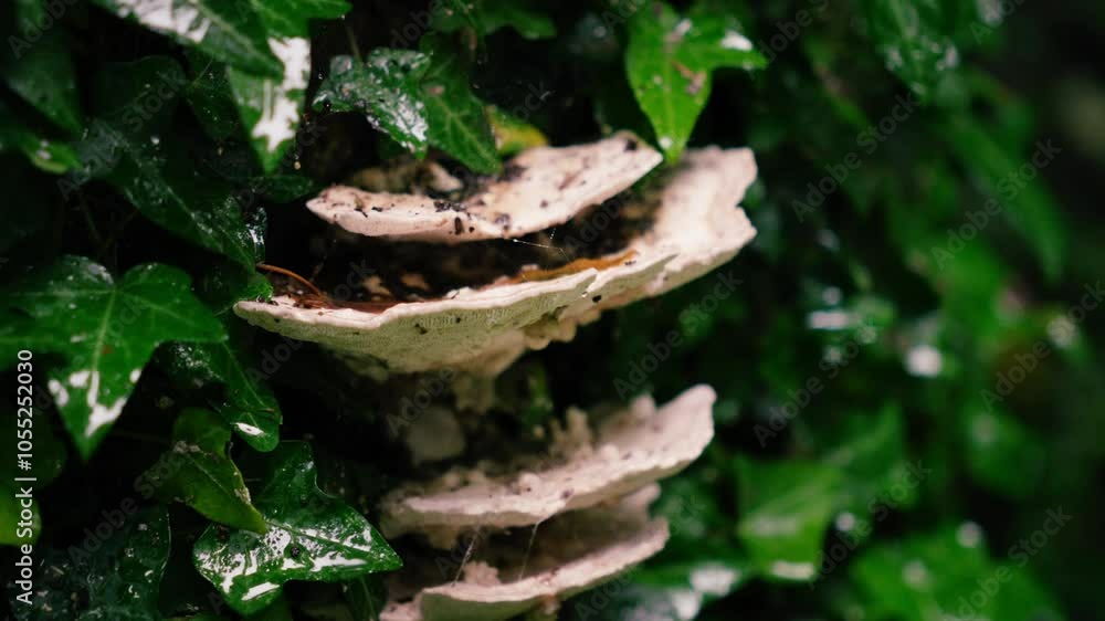 Closeup of ivy leaves growing on tree with white protruding tree fungus in a slight panning cinematic shot with lots of background blur in Middle Europe Closeup of ivy leaves growing on tree with white protruding tree fungus in a slight panning cinematic shot with lots of background blur in Middle Europe