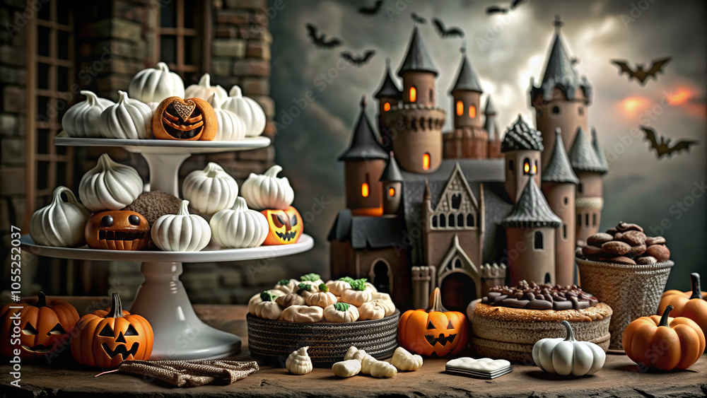 Halloween Candy Display in Golden Ratio, Haunted Mansion Background, Dessert Table with Copy Space Halloween Candy Display in Golden Ratio, Haunted Mansion Background, Dessert Table with Copy Space