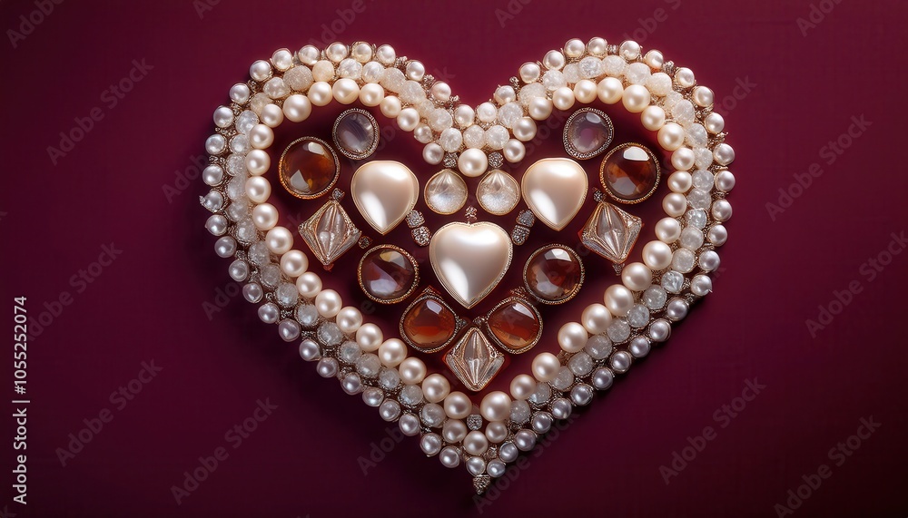 Exquisite Heart Shaped Jewel Arrangement with Pearls, Rubies, and Diamonds on Deep Maroon Background. Symbolizing Luxury, Love, and Elegance for Jewelry Design Romantic Concepts, and High End Branding Exquisite Heart Shaped Jewel Arrangement with Pearls, Rubies, and Diamonds on Deep Maroon Background. Symbolizing Luxury, Love, and Elegance for Jewelry Design Romantic Concepts, and High End Branding