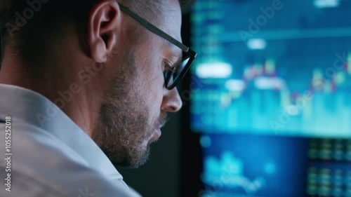 Close-up of stock market analyst working in front of computer screen